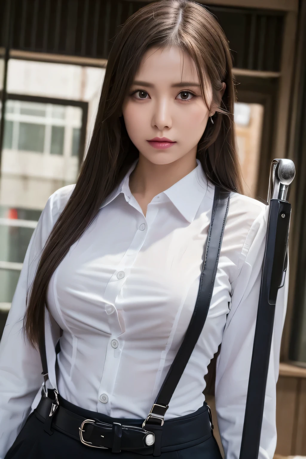a woman in a suit, belt, hands behind back, sweating, suspenders, black pants, sexly, large breasts, see-through clothing, rain, detective, office worker, white button-up shirt, (best quality,4K,8k,highres,masterpiece:1.2),ultra-detailed,(realistic,photorealistic,photo-realistic:1.37),hyper-detailed,highly detailed face and body, Slender thin suspenders Moderate breasts See-through shirt Nipples holster chain Pistol Armament criminal Female criminal knife