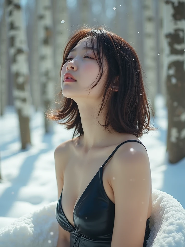 High resolution, masterpiece, Highest quality, One person, Japanese, Cute Face、Looking up at the sky、Close ~ eyes、White Breath、Brown Hair, Bob Cut Hair, Black and white one-shoulder swimsuit、Large Breasts, Sweat、Wet Hair、Wet body、Beautiful snowy birch forest、The background is a beautiful snowy birch forest、Sleeping in an infinity chair、Background Blur, Lens flare, movie, 