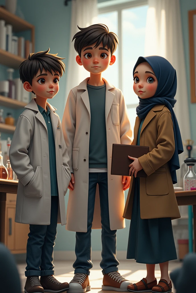 Three people, boy with scienctist clothes, and one boy with teacher clothes , one girl With hijabi and detective clothes