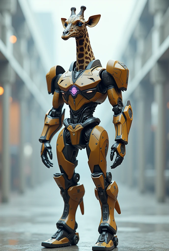 Giraffe with transformers costume 
and helmet in standing up in two legs