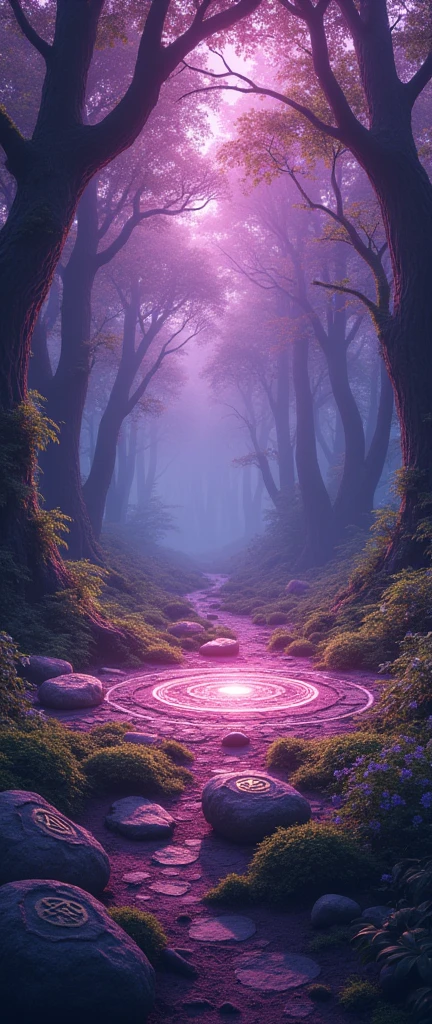 In the middle of purple and pink forest. A enchanted forest full of mysteries to cover. An old magic circle surrounded by 4 rune stone. A mystery to unfold. New era to begin with. 