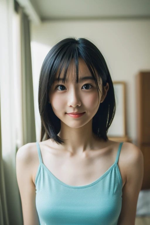 (masterpiece, Highest quality: 1.4), , alone, Beautiful Face, 8k, Absurd, Upper Body, Blue camisole, looking at the camera, No makeup, Film Grain, chromatic aberration, Sharp focus, Bright Face, Sophisticated, (smile: 0.5) ) ), room, indoor, Gentle light [:Detailed aspect:10], Large Breasts, Shortcuts, Black Hair, 