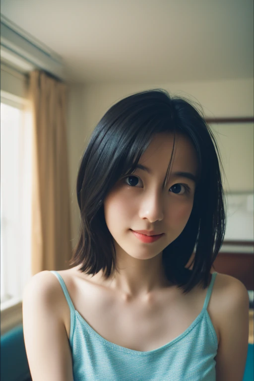 (masterpiece, Highest quality: 1.4), , alone, Beautiful Face, 8k, Absurd, Upper Body, Blue camisole, looking at the camera, No makeup, Film Grain, chromatic aberration, Sharp focus, Bright Face, Sophisticated, (smile: 0.5) ) ), room, indoor, Gentle light [:Detailed aspect:10], Large Breasts, Shortcuts, Black Hair, 
