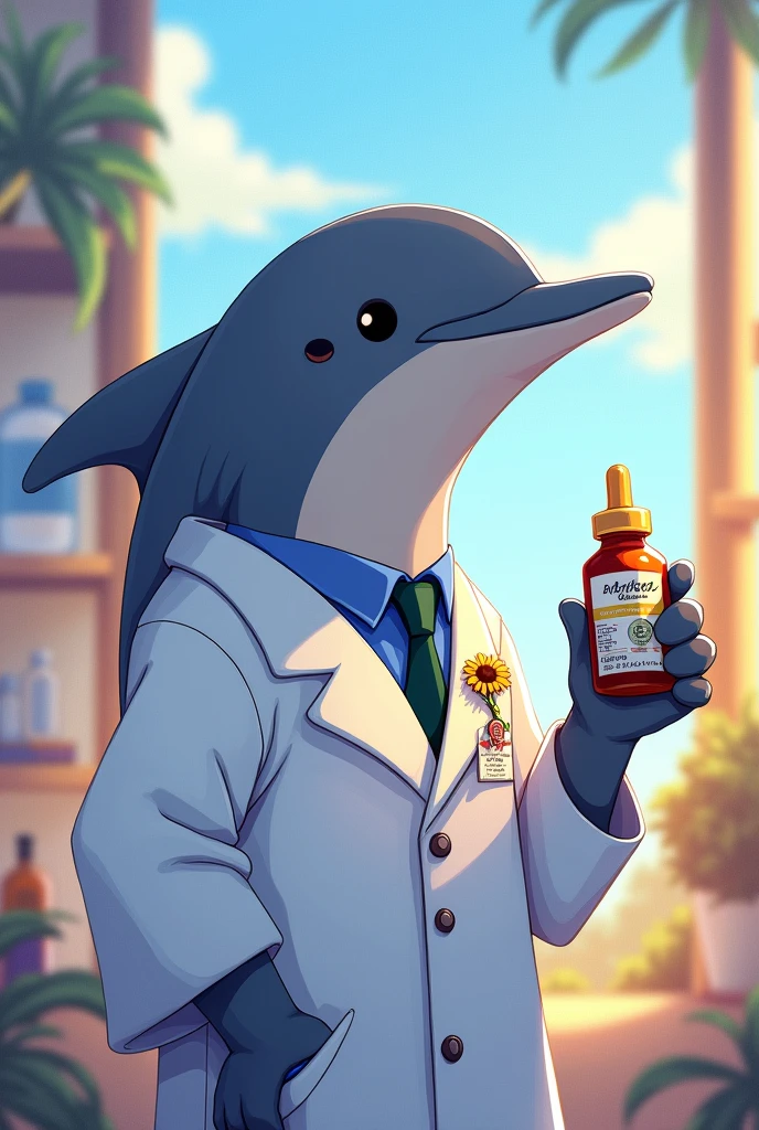 cool fb profile for a dolphin pharmacist holding a medicine, color pallete of picture is violet and blue and yellow, with a little sunflower pin on coat. animated like ghibli