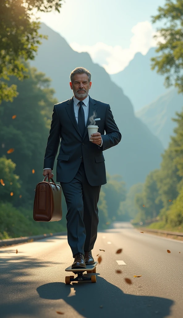 A working man in a suit, holding a coffee cup in his left hand and a work bag in his right hand, riding a skateboard on the road, and the background atmosphere is a mountain with leaves blowing.