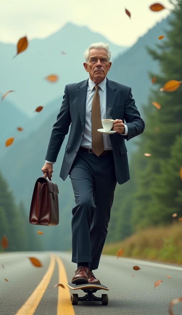 A working man in a suit, holding a coffee cup in his left hand and a work bag in his right hand, riding a skateboard on the road, and the background atmosphere is a mountain with leaves blowing.