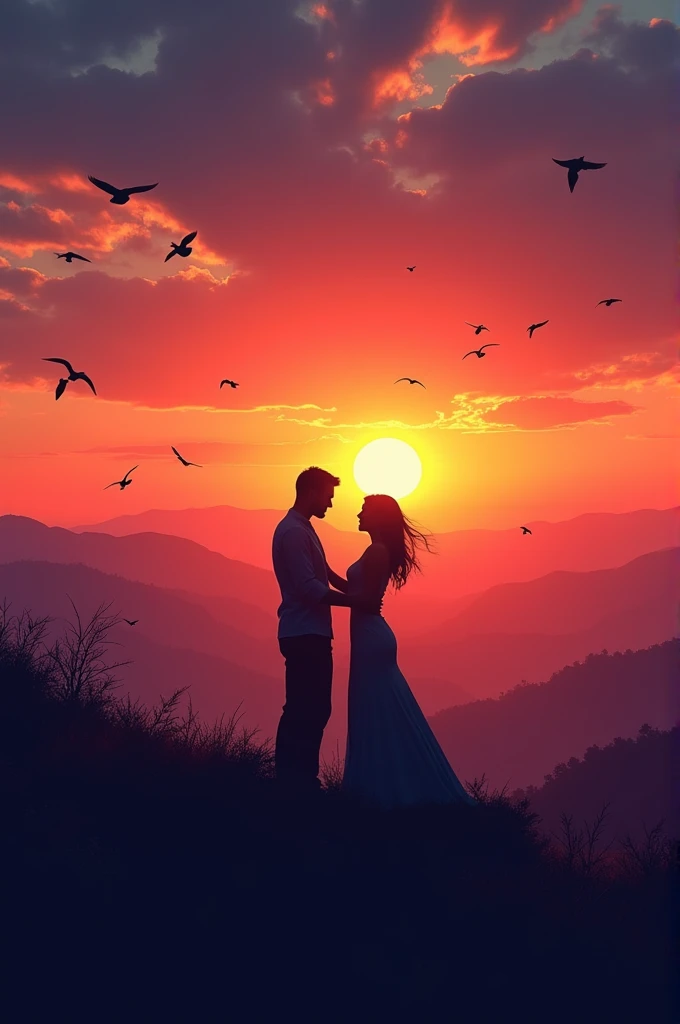 Couples danceing the night away at different color sunset in a on a beautiful hill top with birds flying