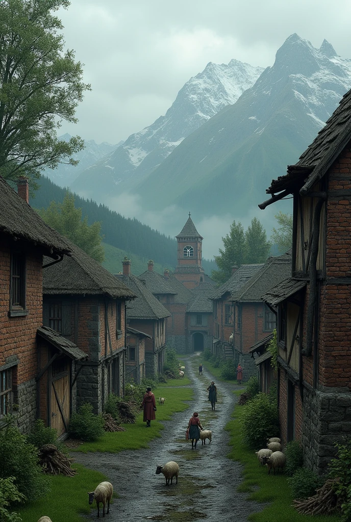 Create a medieval village of brick and wood architecture, the streets of black mud and grass, It is a green landscape, There are mountains on the horizon, There are sheep, There are villagers working with firewood and women working in vegetable and legume gardens., the environment is rainy, cold, cloudy and dim.