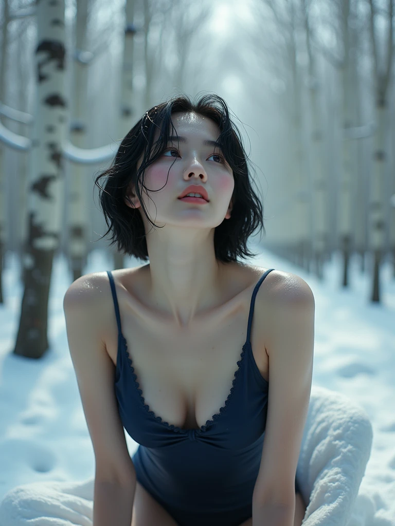 High resolution, masterpiece, Highest quality, One person, Japanese, Cute Face、Looking up at the sky、Melancholic expression、Black Hair, Bob Cut Hair, Navy blue swimsuit、Large Breasts, Sweat、Wet Hair、Wet body、Beautiful snowy birch forest、The background is a beautiful snowy birch forest、Sleeping in an infinity chair、Background Blur, Lens flare, movie,