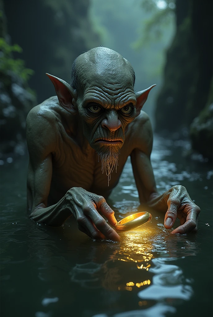 Gollum pulling a ring out of the water
