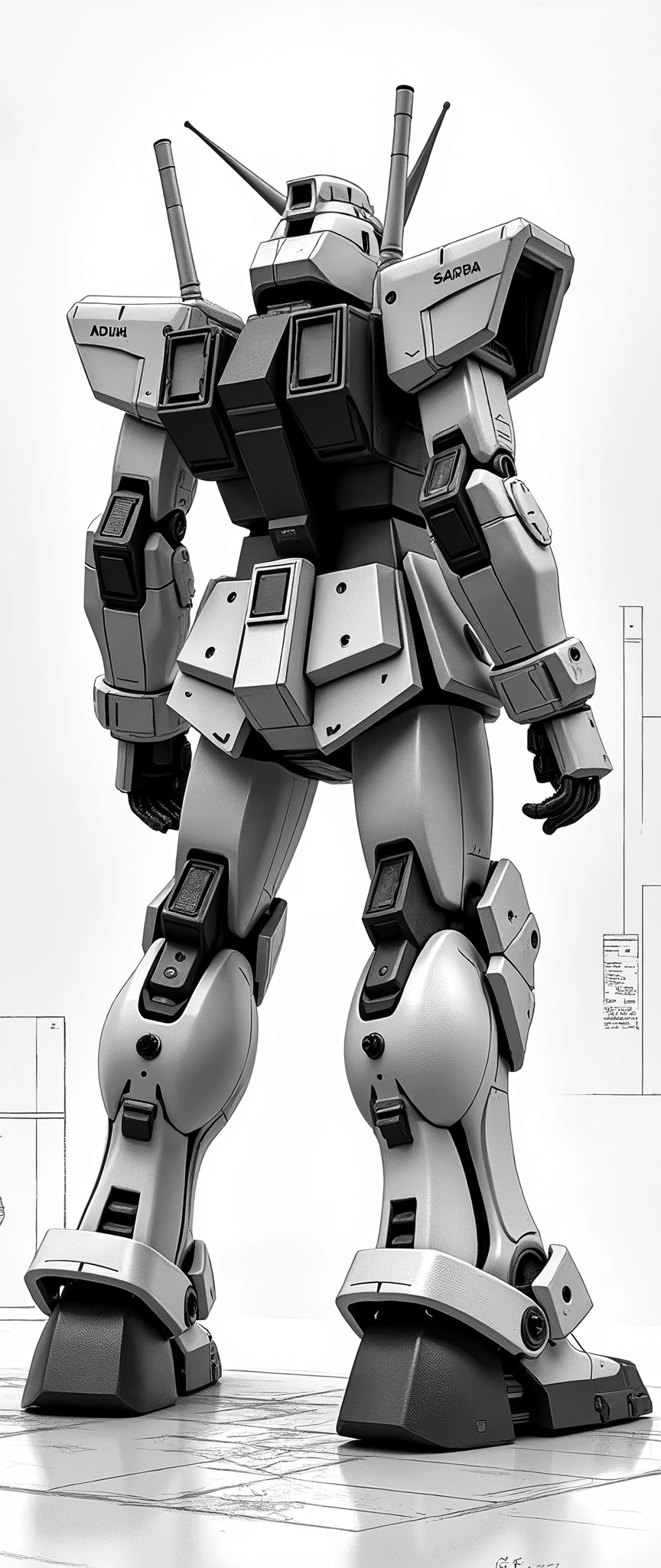 (masterpiece:1.2,Exceptional Quality,mirror-like,Cinematic Experience,Photorealistic:2.0,RAW Photos:2.0,Super detailed),8k,wallpaper,,(Writing with pencil:2.0),(Hard Edge:2.0),(Robot blueprint:2.0),(Draw the back view:2.0),(機動戦士Gundam:2.0),(Gundam),(RX78-2:2.0),(Twin Eye:2.0),(Avant-garde mechanical design:2.0),(Drawing detailed blueprints:2.0),(Numerous notes about the settings:2.0)