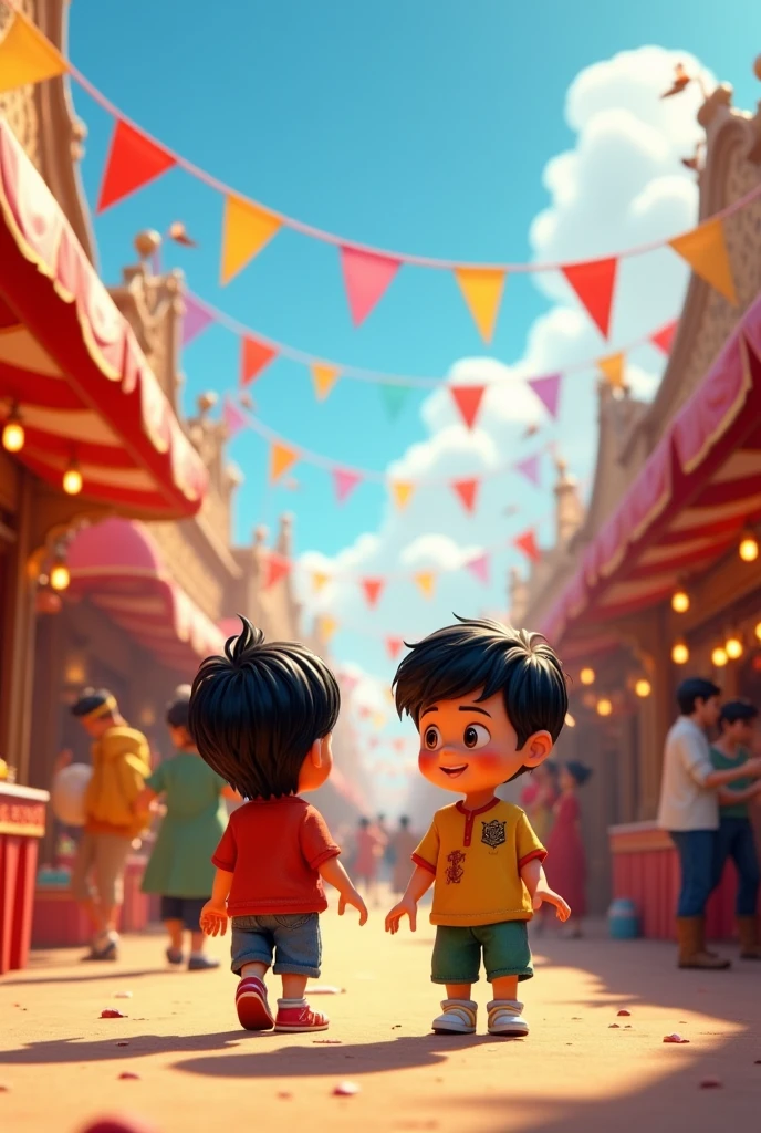 3d cinematic cartoon style image of "A vibrant fair with various stalls, colorful decorations, and a large crowd. Ramū and Shyāmū two boys are seen exploring different attractions and enjoying the festive atmosphere."