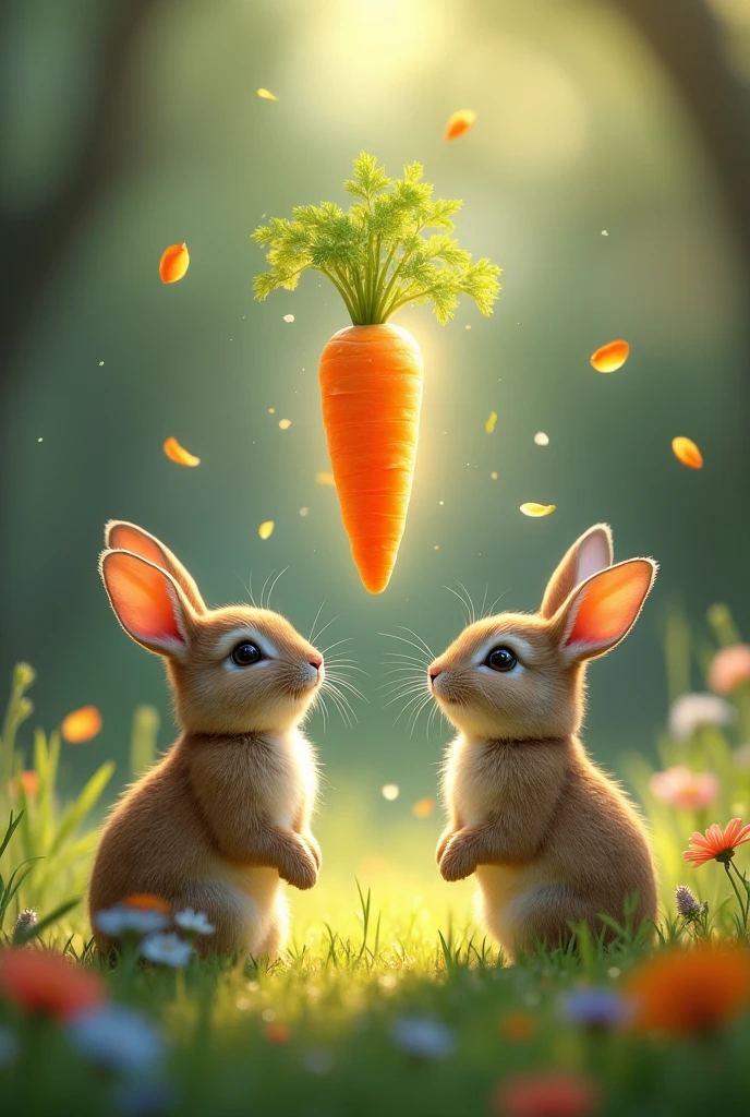 Hello, two little rabbits .I am the floating Enchanted Carrot. I grant a single wish to those who find me.