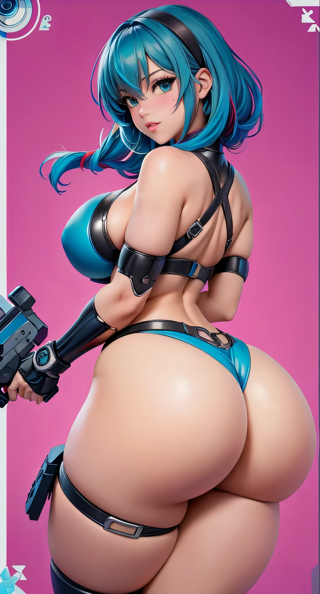 anime girl with a big ass in a golfen  bikini, cutesexyrobutts, oppai cyberpunk, thicc, 2b, 2 b, oppai, anya from spy x family, biomechanical oppai, makoto, commission for high res, oc commission, tifa lockhart, oppai proportions, tifa, daisyduke shorts, fortnite cards background style ,multicolored hair blue with red vanes, multicolored clothes