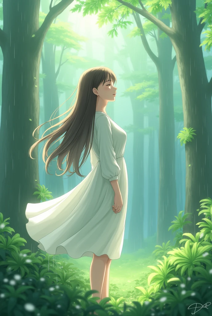 Create a anime style landscape image. Digital anime featuring a serene forest scene with a young woman as the central subject. The layout is vertical, with the woman positioned slightly off-center to the right. She has long, flowing brown hair and fair skin, and her eyes are closed as she tilts her head slightly upward, giving an impression of tranquility. She is wearing a white dress with long sleeves, which contrasts with the lush green foliage surrounding her. The background depicts tall trees with light filtering through the canopy, creating a misty, ethereal atmosphere. Raindrops are visible, adding a sense of freshness and calm to the scene.