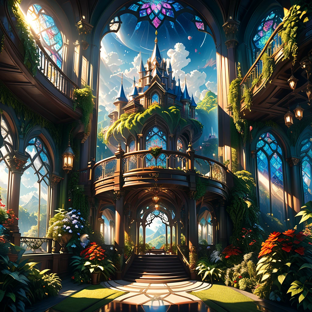 a magnificent floating royal castle in the sky, a huge astronomical telescope on the balcony, ornate architecture, highly detailed, intricate carvings and decorations, glowing crystals, sunlight streaming through stained glass windows, overflowing gardens, lush greenery, (best quality,4k,8k,highres,masterpiece:1.2),ultra-detailed,(realistic,photorealistic,photo-realistic:1.37),detailed lighting, dramatic shadows, vibrant colors, fantasy, digital art, concept art