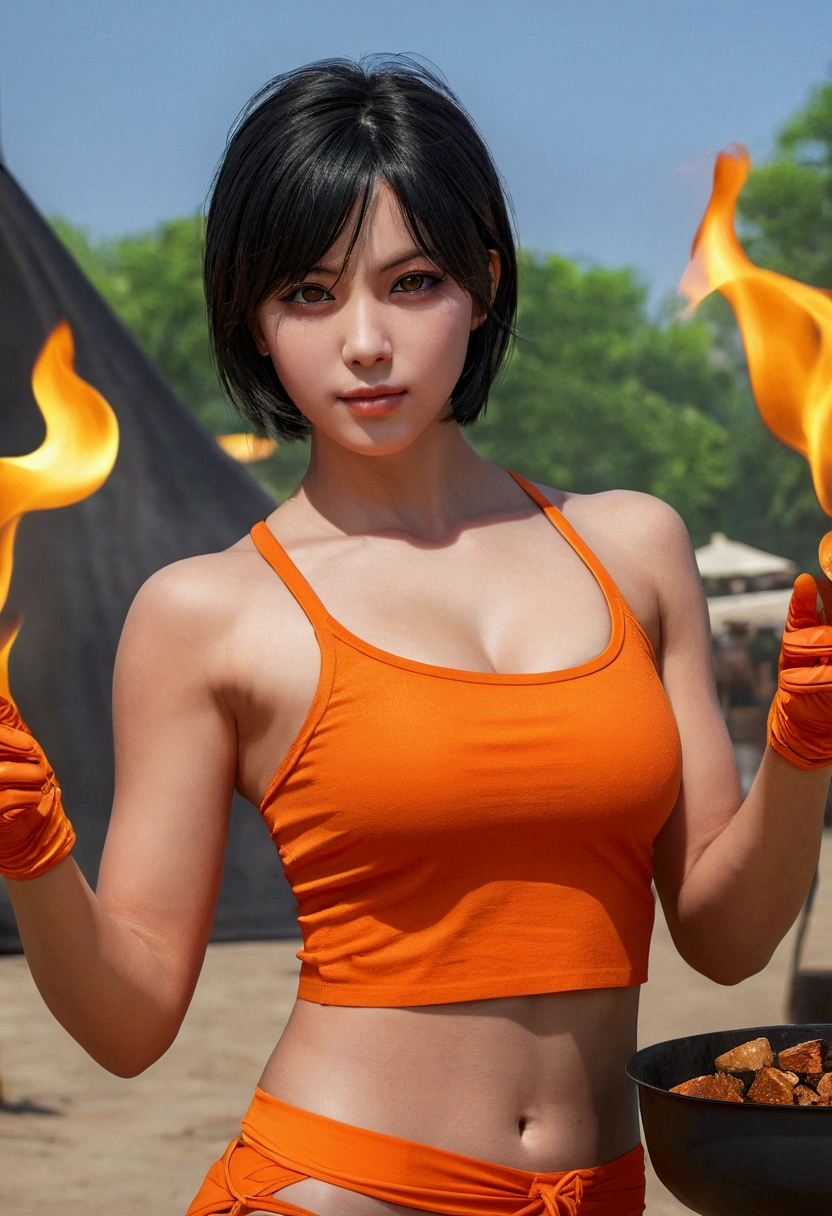 masterpiece, The best quality, highest qualityr, photorealistic, Perfect anatomy, perfect face, Perfect eyes, orange bandana, pandballgt, 1girl, black eyes, black hair, short hair, orange bikini, pants, Gloves without fingers, Red shirt, Crop above, outdoor, girl woman (((brazier)))