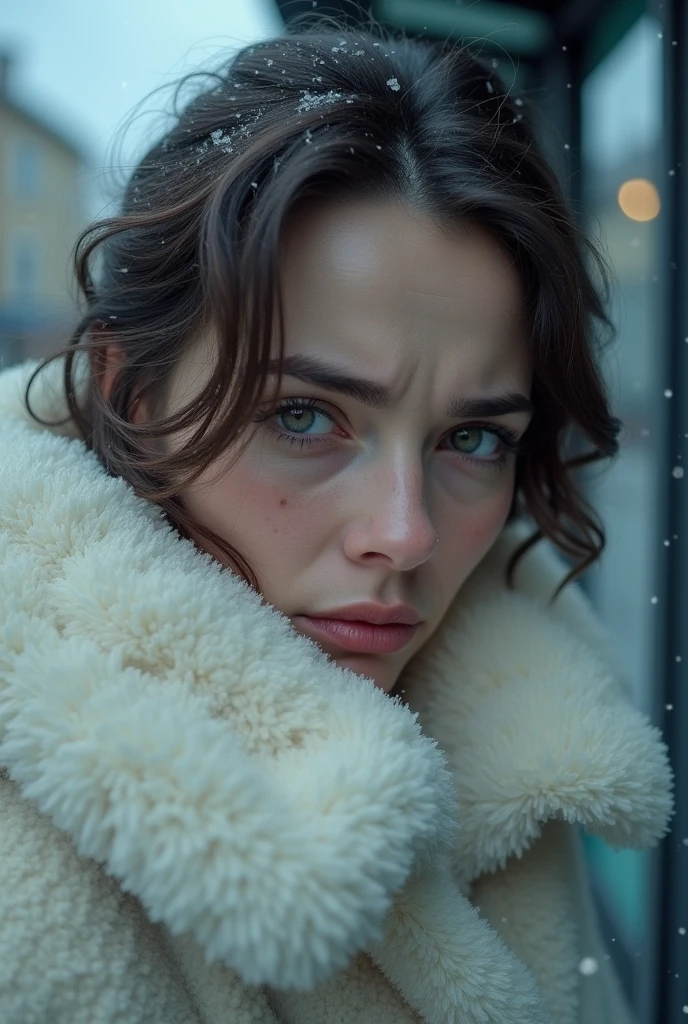 snow day　In front of the bus stop　Beauty　woman　Face close-up　White coat　Tears　Crying quietly　Natural Makeup　I can see the cafe　The face is hidden by hair　turn up one&#39;s coat collar　Depression　it&#39;s snowing　Tear marks on cheeks　White fluffy coat　turn up one&#39;s coat collar　Sad face

