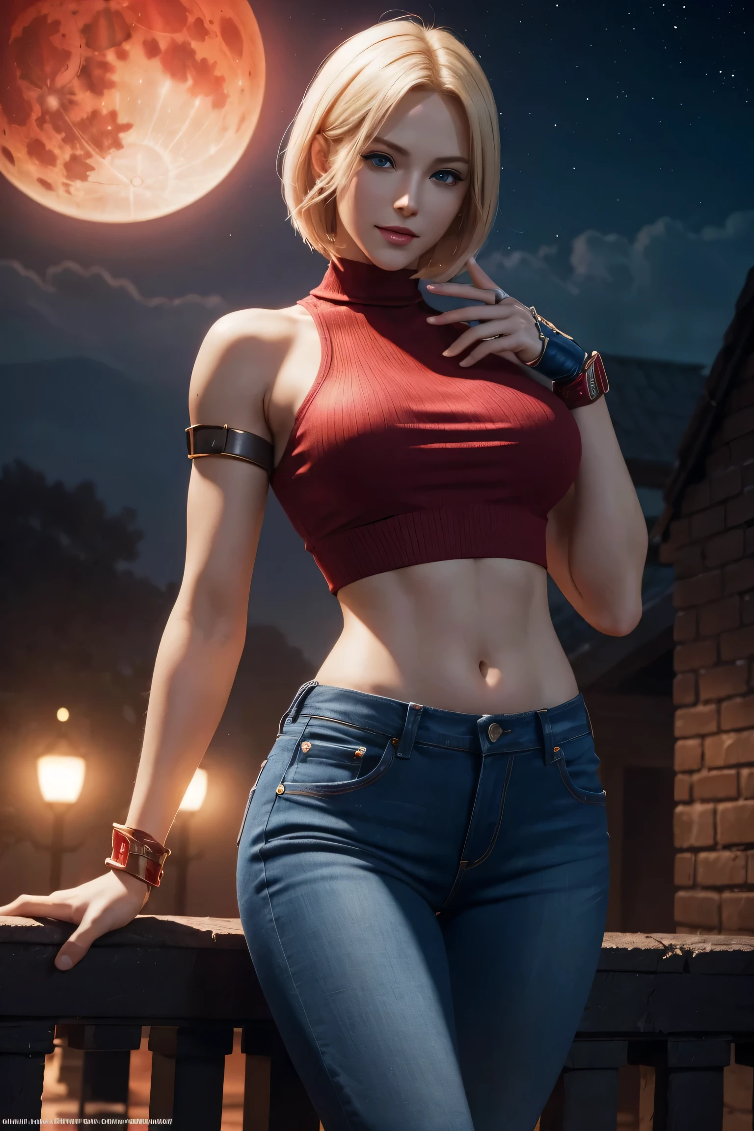 KOF,King of Fighters,Blue Mary,Blue Eyes,Blonde Hair,Medium Hair,Beautiful white skin,Photorealistic,Ultra HD,high quality,masterpiece,Digital SLR,Detailed details,Intricate details,Anatomical basis,Depicted in detail,A detailed face,Realistic skin texture,Vivid details,Perfect Anatomy,Perfect Anatomy,Anatomically correct hand,Anatomically correct fingers,Super Detail,Complex 3D rendering,Sexy pose,Red knit sleeveless top,jeans,Fantasy worldview,Beautiful red sea,Beautiful Red Moon,Beautiful night sky,Petals of roses dance,Picturesque,Pink Lips,smile,