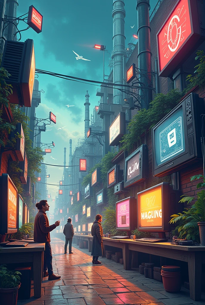 An illustration about traditional media: pre-industrial, industrial, electronical and information age of media