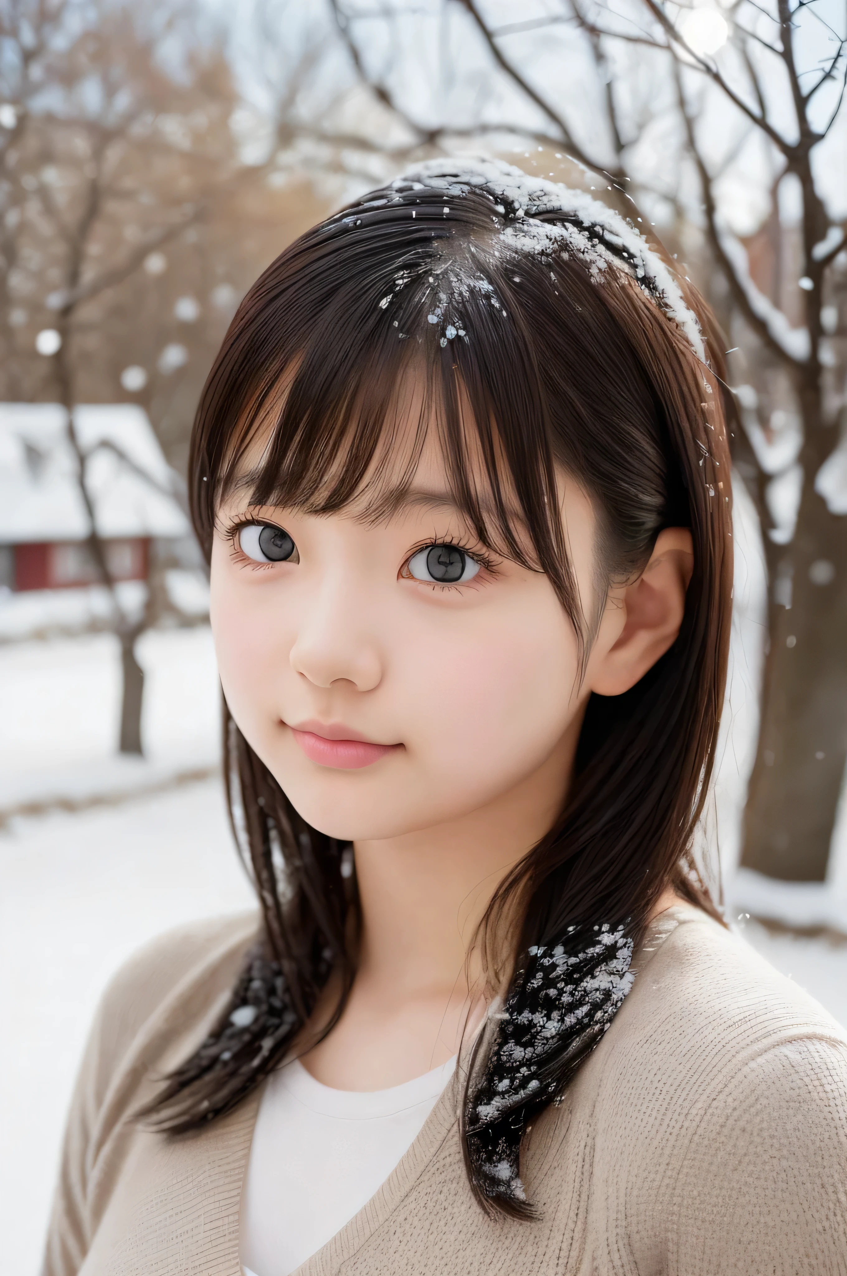 ((sfw: 1.4)), (sfw, birches with snow, old house, sun in the background, 1 girl)), ultra high resolution, (realistic: 1.4), RAW photo, highest quality, (photorealistic stick), focus, soft light, (()), ((Japanese)), (((young face))), (surface), (depth of field), masterpiece, (photorealistic), woman , bangs, ((1 girl))