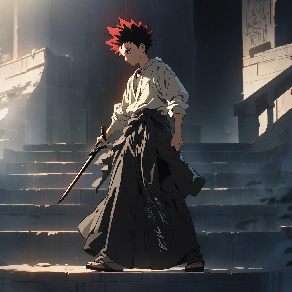 solo boy,teenagers,red spiked hair,full body,background like the one written in ink,He holds the hilt of the sword on his waist and steps on one foot,hand righting style,anime style,masterpiece,best quality,ultra-detailed, illustration, detailed light,an extremely delicate and beautiful,