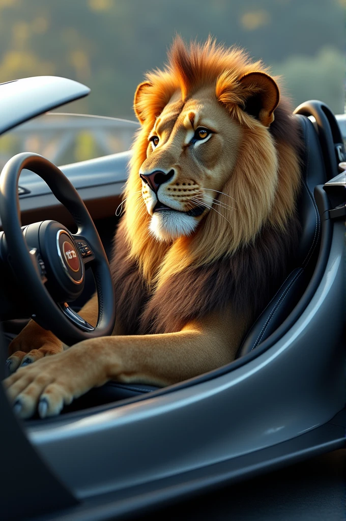 the lion is sitting in the bugatu car