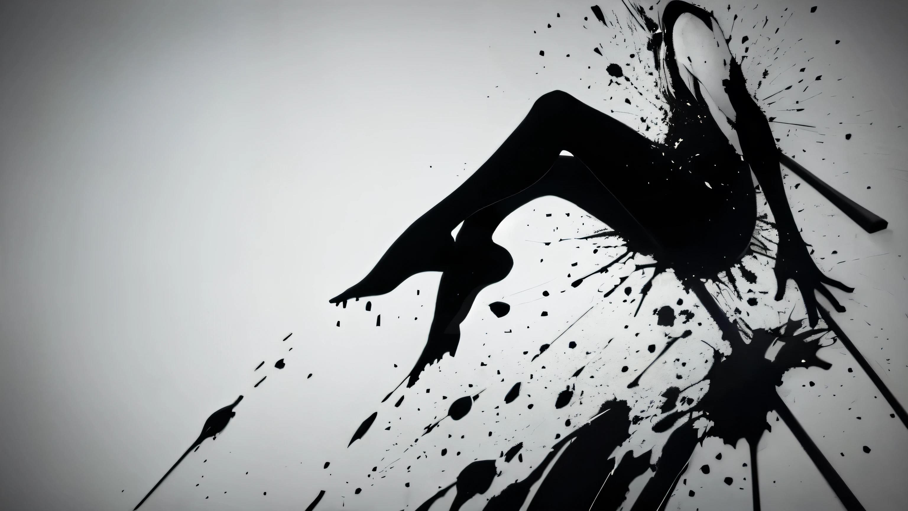 simple background, monochrome, horror (theme) there is a broken violin in the picture, black paint splatted, violin