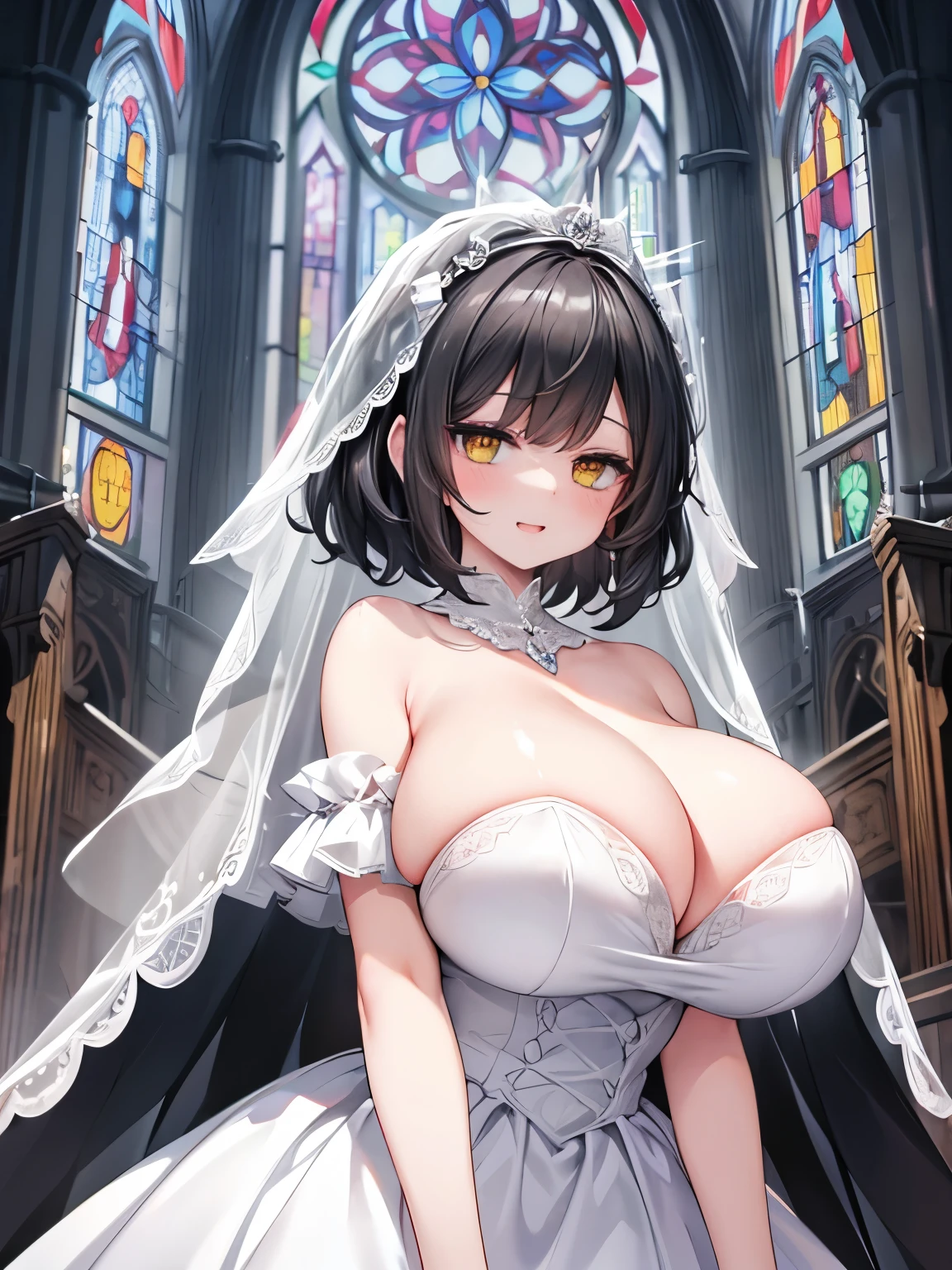 (gigantic breasts),Black Hair,Short Hair,(Two Side Up:1.1),Yellow big eyes,Little,A very happy smile,Open your mouth wide,View Viewer,BREAK,(White Wedding Dress,Wedding Veil:1.2),Church Background,A Gothic Church,Large stained glass,Divine light pouring down