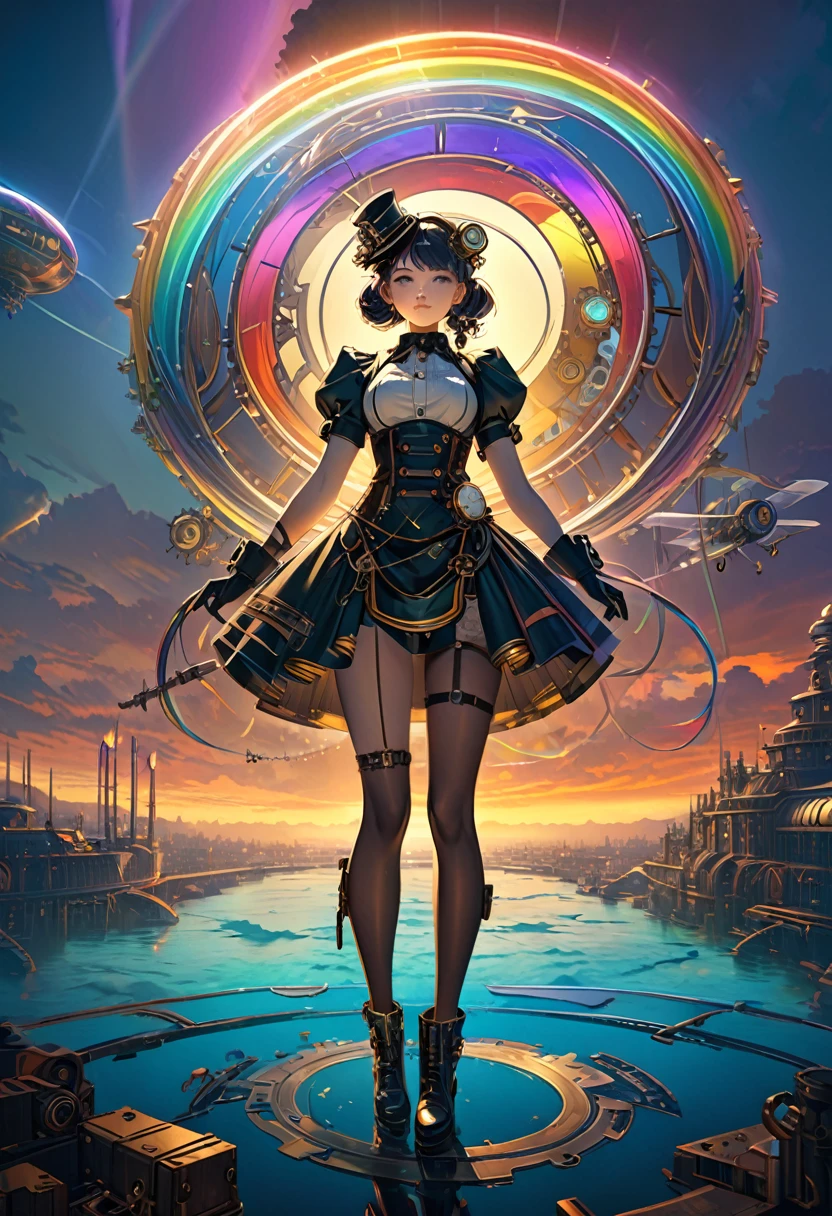 Rainbow colors、Rainbow colorsの機械式空飛ぶクジラ, steampunk, Dieselpunk, Clockpunk, Mysterious color scheme, Twilight light effect, Conceptual installation fantasy art, 2.5D, delicate and dynamic、16K, Ultra-high resolution, Ultra-high resolution, to be born,wonderful ,future、Rainbow colorsの、The world 30 years from now