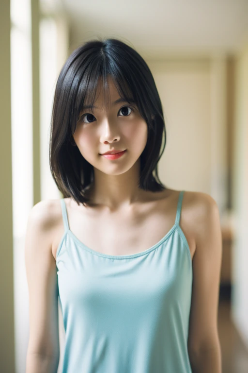 (masterpiece, Highest quality: 1.4), , alone, Beautiful Face, 8k, Absurd, Upper Body, Blue camisole, looking at the camera, No makeup, Film Grain, chromatic aberration, Sharp focus, Bright Face, Sophisticated, (smile: 0.5) ) ), room, indoor, Gentle light [:Detailed aspect:10], Large Breasts, Shortcuts, Black Hair, 