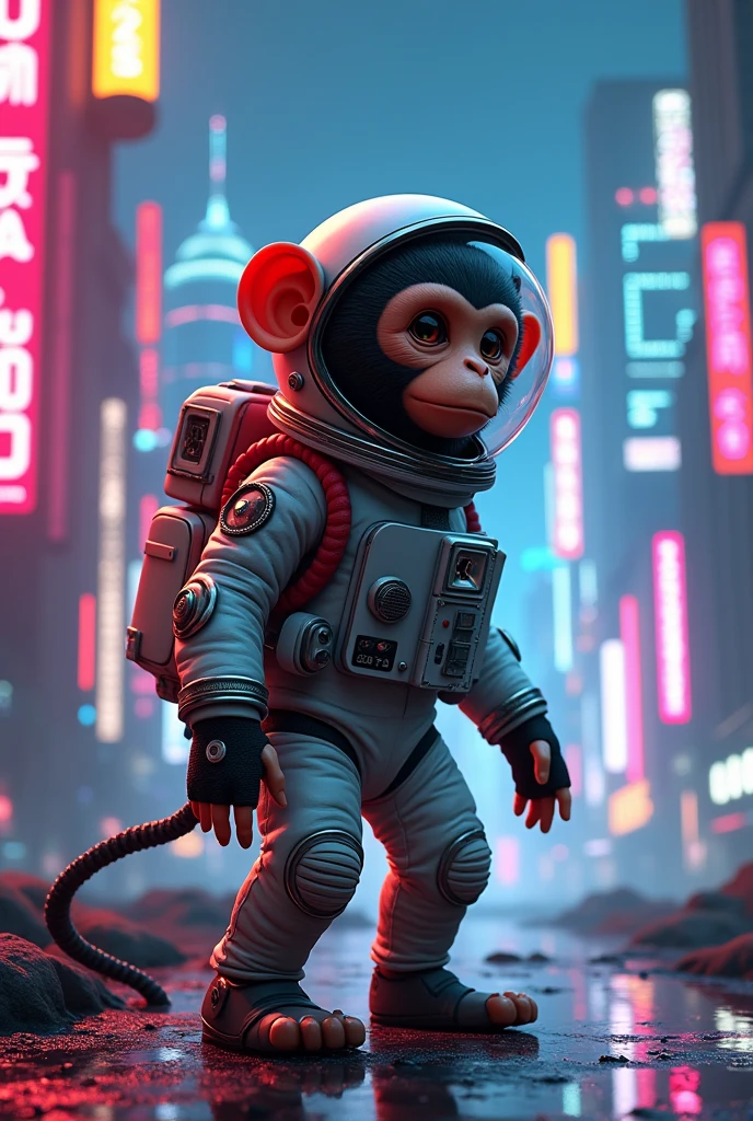 A monkey is walking in neon city 
and wearing a space suit 
