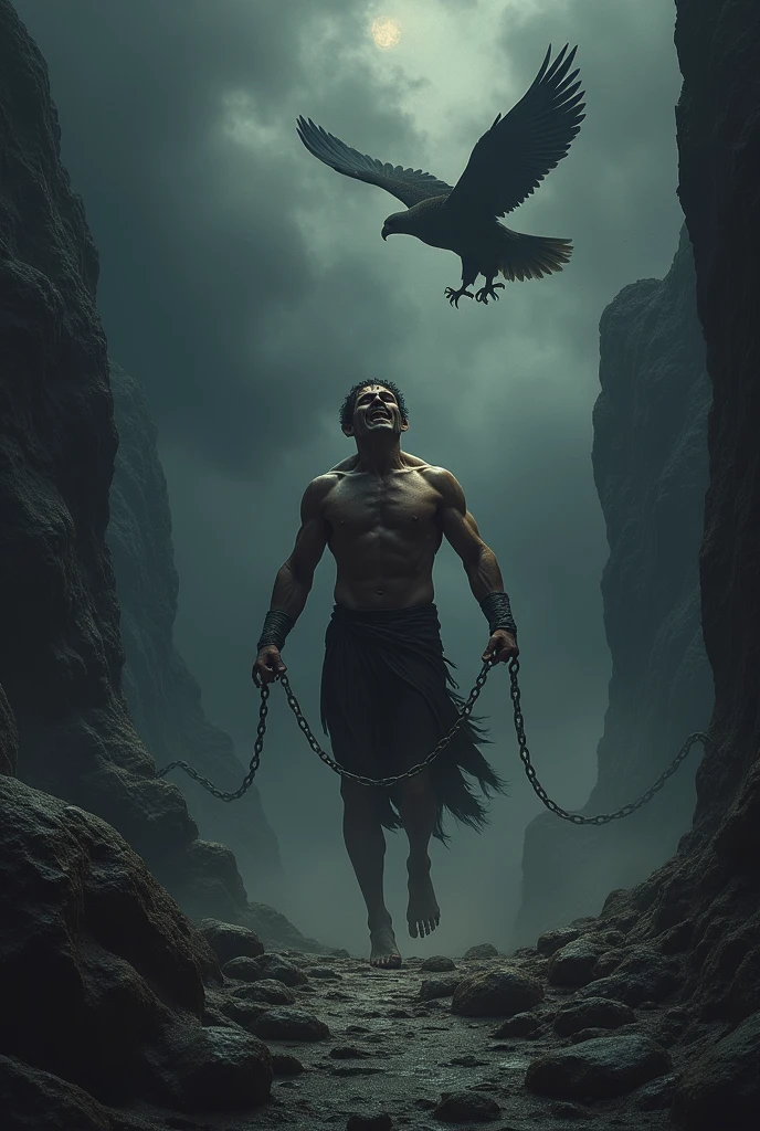 End with a scene of Prometheus in agony, with the eagle flying overhead and an oppressive darkness all around.