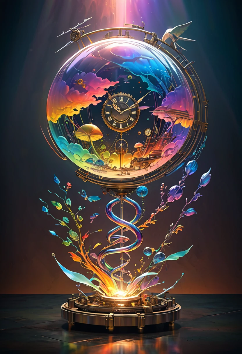Rainbow colors、Rainbow colorsの機械式空飛ぶクジラ, steampunk, Dieselpunk, Clockpunk, Mysterious color scheme, Twilight light effect, Conceptual installation fantasy art, 2.5D, delicate and dynamic、16K, Ultra-high resolution, Ultra-high resolution, to be born,wonderful ,future、Rainbow colorsの、The world 30 years from now