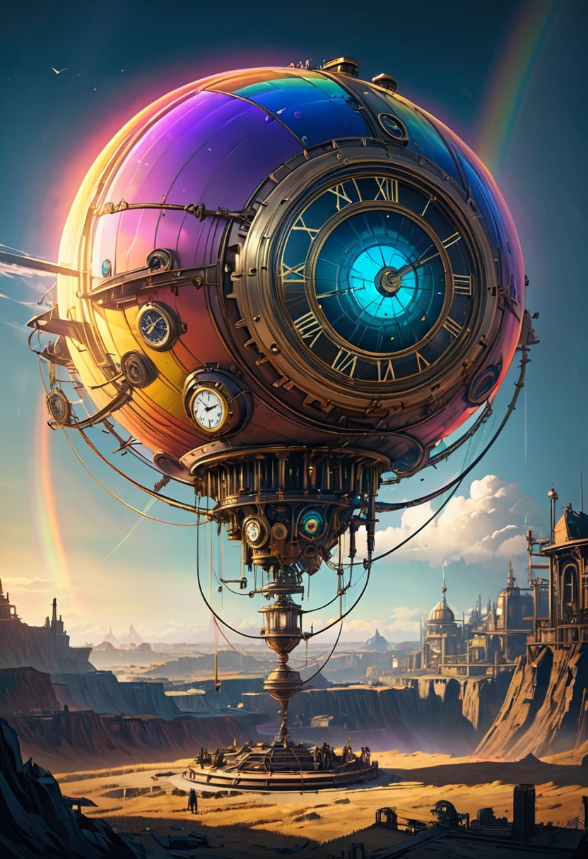 Rainbow colors、Rainbow colorsの機械式空飛ぶクジラ, steampunk, Dieselpunk, Clockpunk, Mysterious color scheme, Twilight light effect, Conceptual installation fantasy art, 2.5D, delicate and dynamic、16K, Ultra-high resolution, Ultra-high resolution, to be born,wonderful ,future、Rainbow colorsの、The world 30 years from now