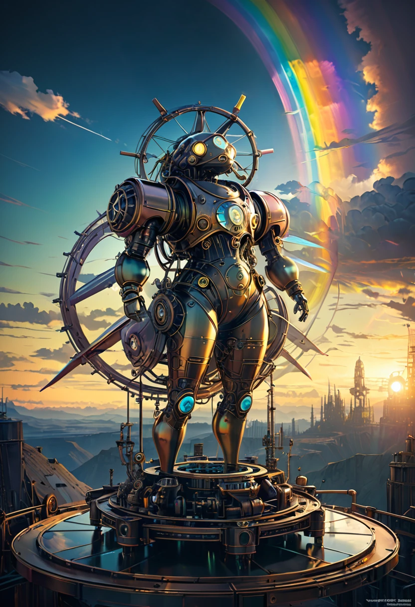 Rainbow colors、Rainbow colorsの機械式空飛ぶクジラ, steampunk, Dieselpunk, Clockpunk, Mysterious color scheme, Twilight light effect, Conceptual installation fantasy art, 2.5D, delicate and dynamic、16K, Ultra-high resolution, Ultra-high resolution, to be born,wonderful ,future、Rainbow colorsの、The world 30 years from now