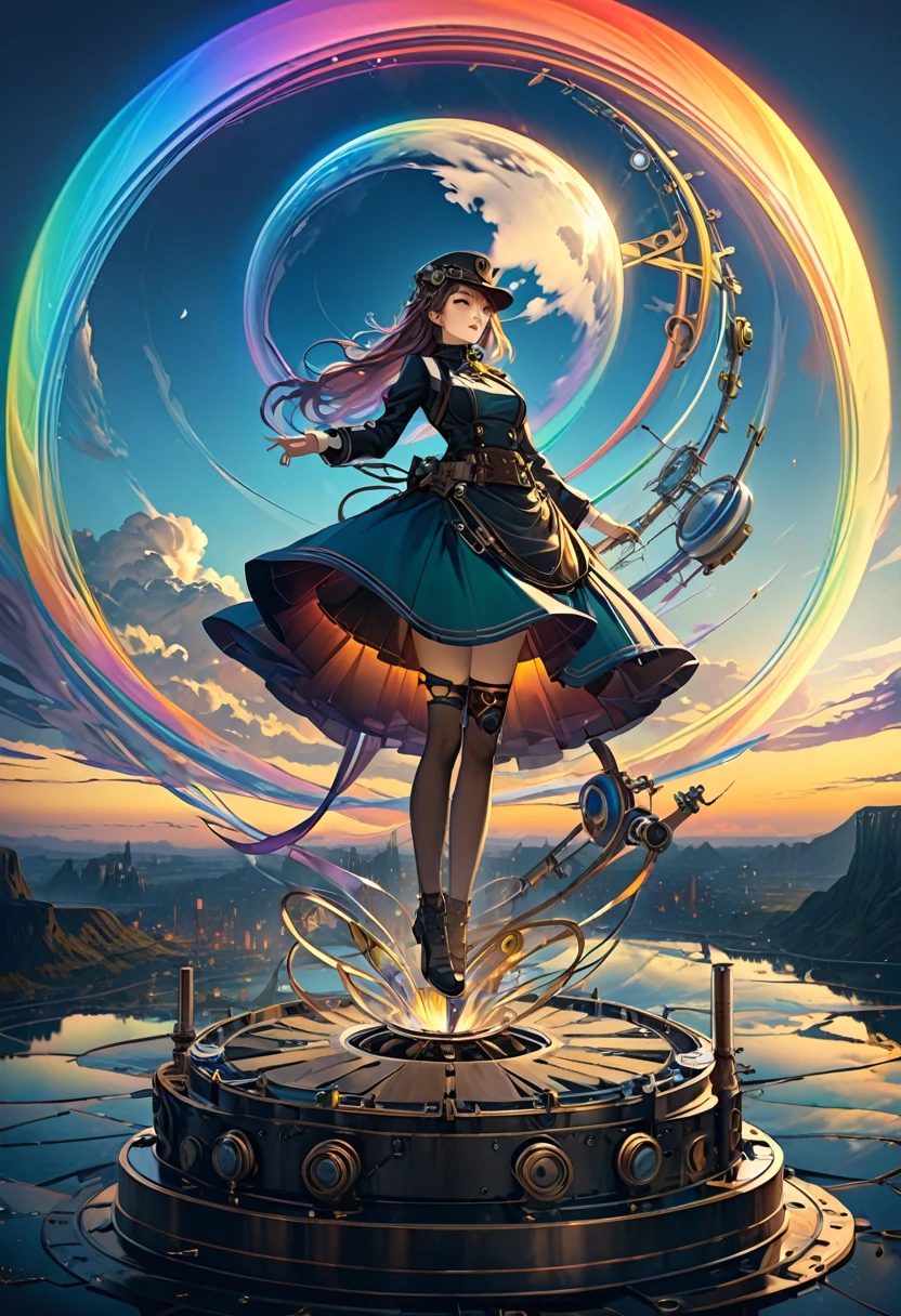 Rainbow colors、Rainbow colorsの機械式空飛ぶクジラ, steampunk, Dieselpunk, Clockpunk, Mysterious color scheme, Twilight light effect, Conceptual installation fantasy art, 2.5D, delicate and dynamic、16K, Ultra-high resolution, Ultra-high resolution, to be born,wonderful ,future、Rainbow colorsの、The world 30 years from now