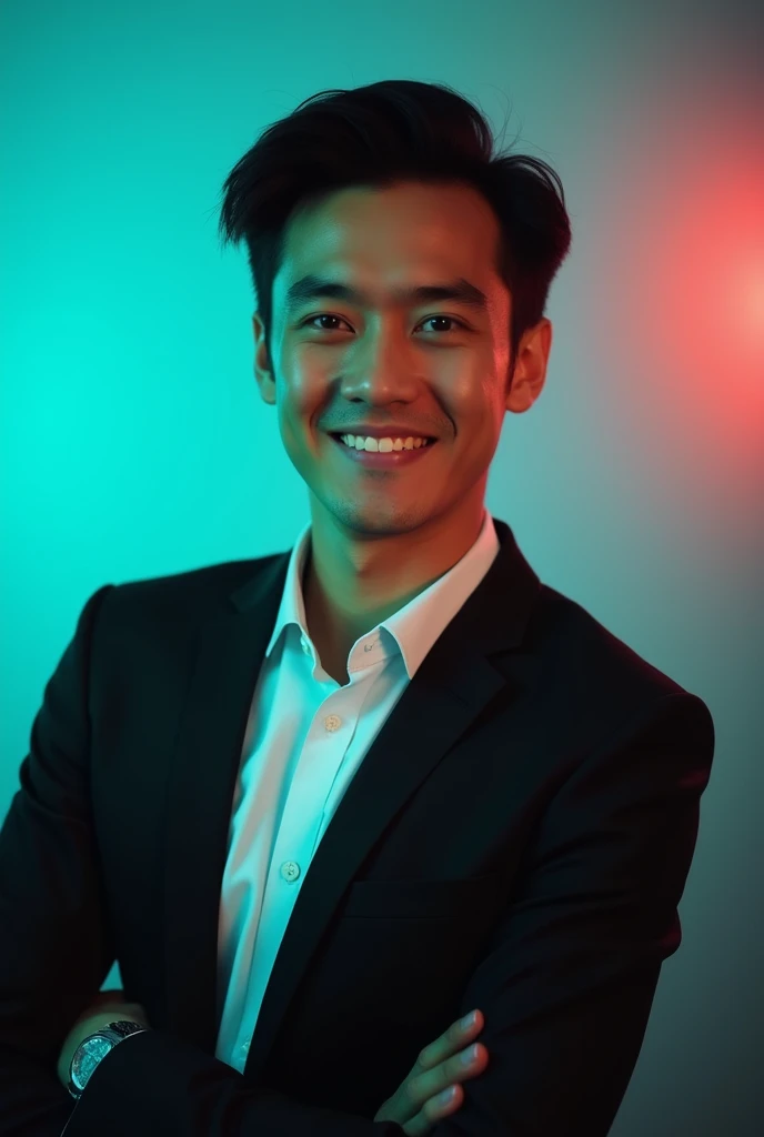 A young man with dark hair and a confident smile. He is dressed in a black blazer over a white shirt The man is positioned against aqua colour backdrop with a subtle red lighting on the left side, and he posing for Linkedin profile