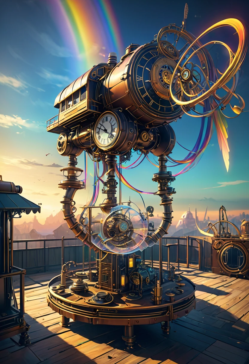 Rainbow colors、Rainbow colorsの機械式空飛ぶクジラ, steampunk, Dieselpunk, Clockpunk, Mysterious color scheme, Twilight light effect, Conceptual installation fantasy art, 2.5D, delicate and dynamic、16K, Ultra-high resolution, Ultra-high resolution, to be born,wonderful ,future、Rainbow colorsの、The world 30 years from now