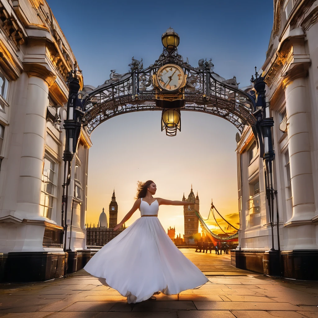 1. "A young woman twirls in a stunning white gown amidst London's iconic landmarks at sunset."