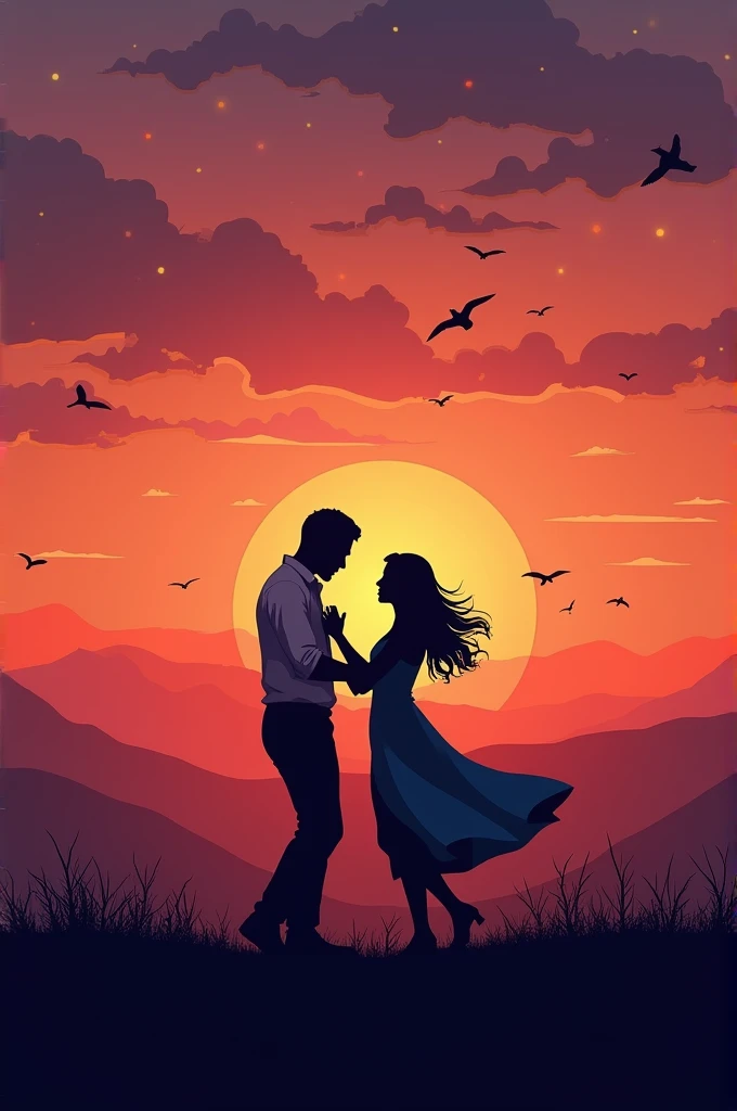 Couples danceing the night away at different color sunset in a on a beautiful hill top with birds flying