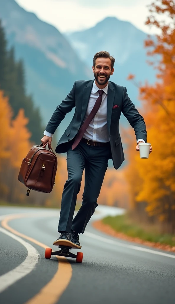 A man in a suit, holding a coffee cup in his left hand and a business bag in his right hand, riding a skateboard on the road at high speed. He looks happy, and the background atmosphere is a mountain with leaves blowing.