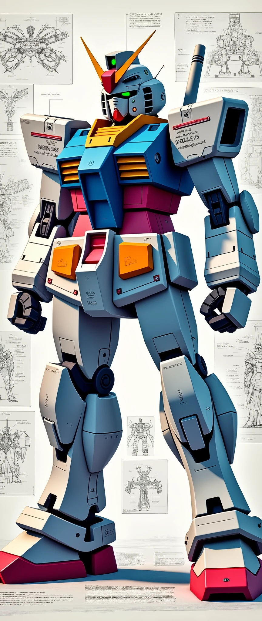 (masterpiece:1.2,Exceptional Quality,mirror-like,Cinematic Experience,Photorealistic:2.0,RAW Photos:2.0,Super detailed),8k,wallpaper,,(Depicted in a hologram:2.0),(Hard Edge:2.0),(Robot blueprint:2.0),(Draw the front view:2.0),(機動戦士Gundam:2.0),(Gundam),(RX78-2:2.0),(Twin Eye:2.0),(Avant-garde mechanical design:2.0),(Drawing detailed blueprints:2.0),(Numerous notes about the settings:2.0),(Rainbow Colors:2.0)