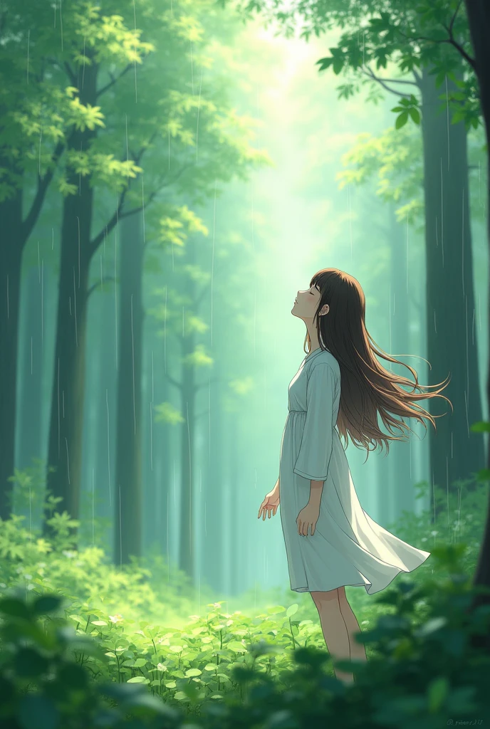 Create a anime style landscape image. Digital anime featuring a serene forest scene with a young woman as the central subject. The layout is vertical, with the woman positioned slightly off-center to the right. She has long, flowing brown hair and fair skin, and her eyes are closed as she tilts her head slightly upward, giving an impression of tranquility. She is wearing a white dress with long sleeves, which contrasts with the lush green foliage surrounding her. The background depicts tall trees with light filtering through the canopy, creating a misty, ethereal atmosphere. Raindrops are visible, adding a sense of freshness and calm to the scene.