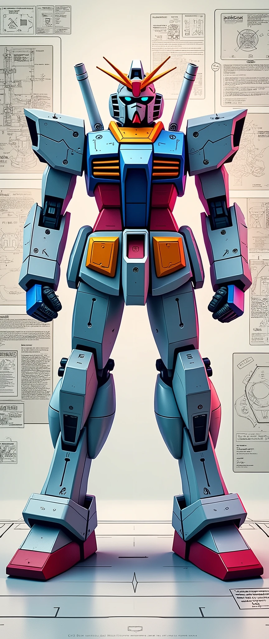 (masterpiece:1.2,Exceptional Quality,mirror-like,Cinematic Experience,Photorealistic:2.0,RAW Photos:2.0,Super detailed),8k,wallpaper,,(Depicted in a hologram:2.0),(Hard Edge:2.0),(Robot blueprint:2.0),(Draw the front view:2.0),(機動戦士Gundam:2.0),(Gundam),(RX78-2:2.0),(Twin Eye:2.0),(Avant-garde mechanical design:2.0),(Drawing detailed blueprints:2.0),(Numerous notes about the settings:2.0),(Rainbow Colors:2.0)