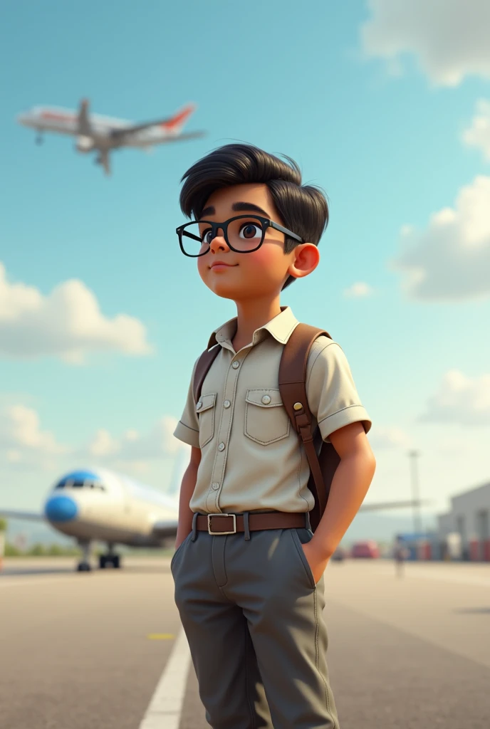 1 Indian boy wearing normal dress and glasses posing for aeroplane in background