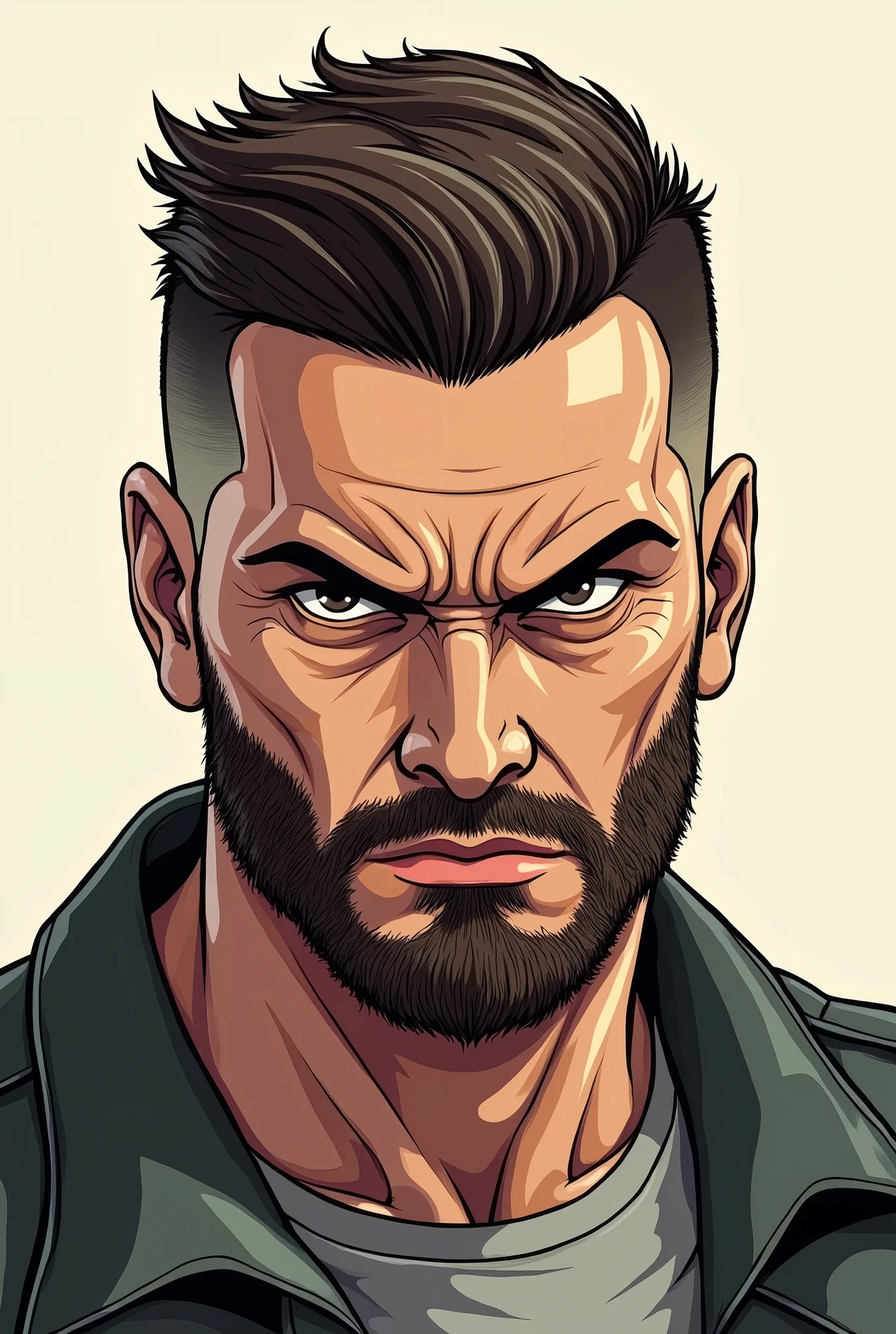 Man in his mid-30s、He has a slight beard.、Barber style、Mole under eye、Angry expression、An illustration