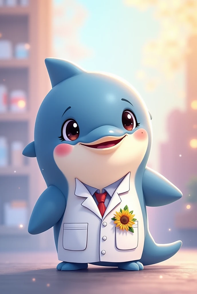 cute fb profile for a chibi short cute cheeks smiling dolphin pharmacist holding a medicine, color pallete of picture is more violet and blue and yellow, with a little sunflower pin on coat. animated like ghibli,