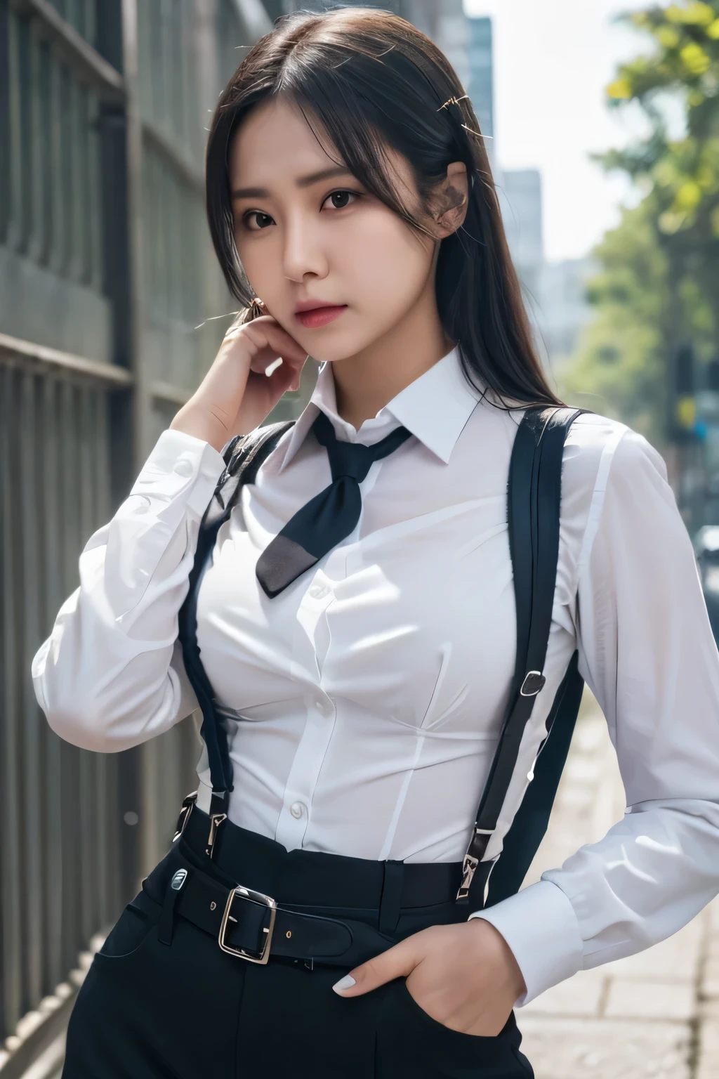 a woman in a suit, belt, hands behind back, sweating, suspenders, black pants, sexly, large breasts, see-through clothing, rain, detective, office worker, white button-up shirt, (best quality,4K,8k,highres,masterpiece:1.2),ultra-detailed,(realistic,photorealistic,photo-realistic:1.37),hyper-detailed,highly detailed face and body, Slender　thin　suspenders　Moderate breasts　See-through shirt　Nipples　holster　chain　Pistol　Armament　criminal　Female criminal　knife