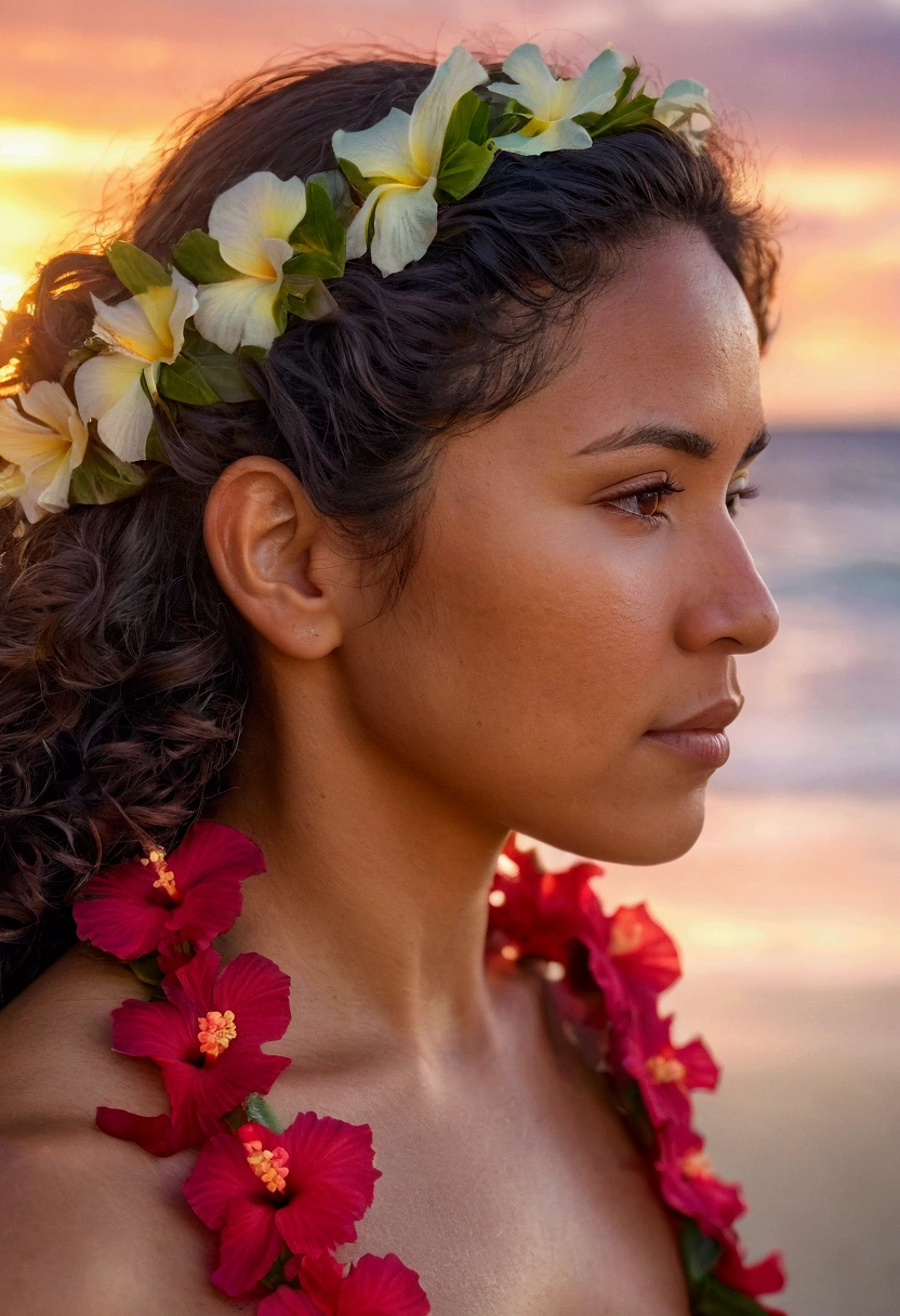 polynesian woman, early 30s, wavy hair, wearing a hibiscus lei, on a seashore, pacific sunset, close up, naked , side view, soft focus, depth of field, 8k photo, HDR, professional lighting, taken with Canon EOS R5, 75mm lens
